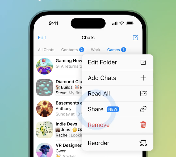 В Telegram появилась возможность быстро делиться десятками чатов с помощью одной ссылки